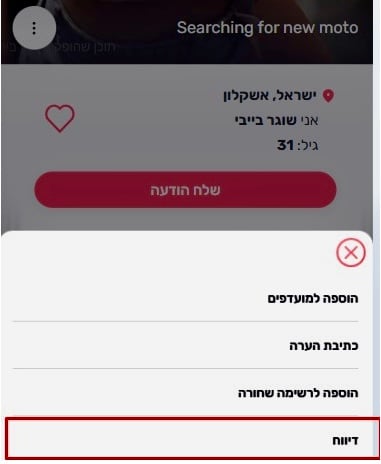 כפתור דיווח על משתמש באתר שוגר דדי